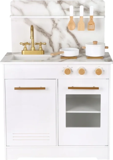 Houten speelkeuken voor kinderen – wit met marmerdesign
