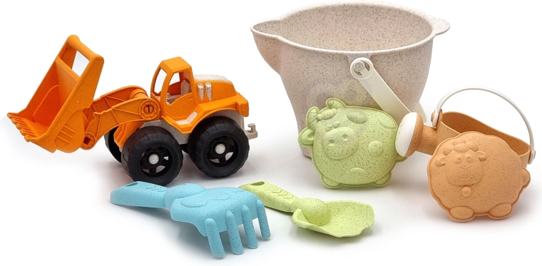 Woopie Green zandset met shovel in emmertje, 7-delig, biologisch afbreekbaar materiaal