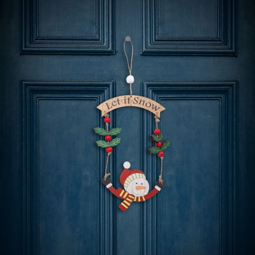 Kerstdecoratie van hout in de vorm van een sneeuwpop 13 × 17 cm