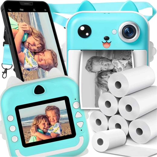 Kinderfotocamera met direct thermisch printen en 6 rollen papier – blauw
