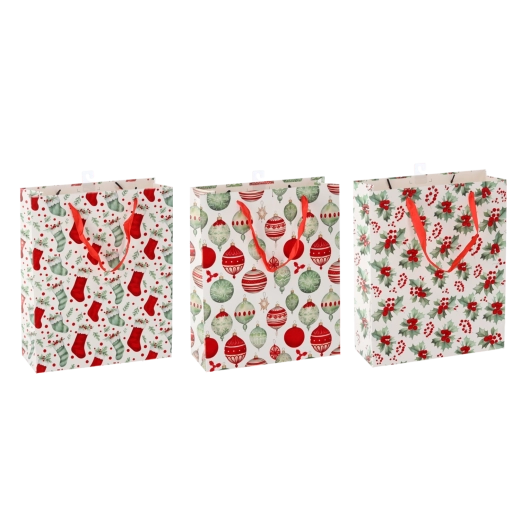 Cadeautas voor Kerst – mix van traditionele motieven, 26 × 32 × 10 cm (verpakking 12 stuks)