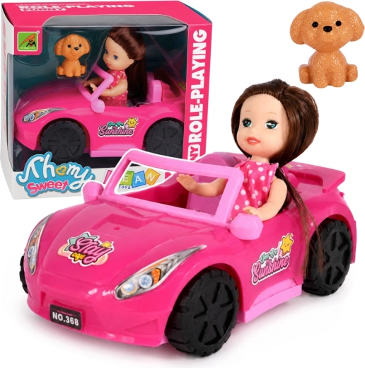 Mini-pop in een roze cabriolet met hondje