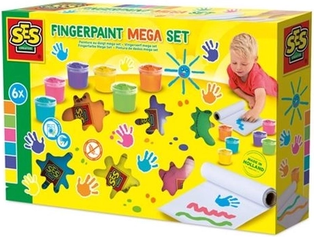 SES Creative mega set vingerverf met 6 kleuren van 110 ml en papierrol van 2 m