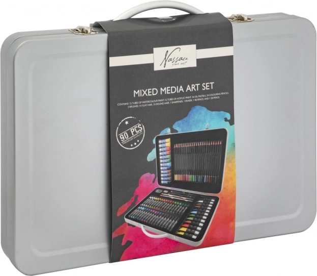 Set met kunstbenodigdheden in een metalen koffertje