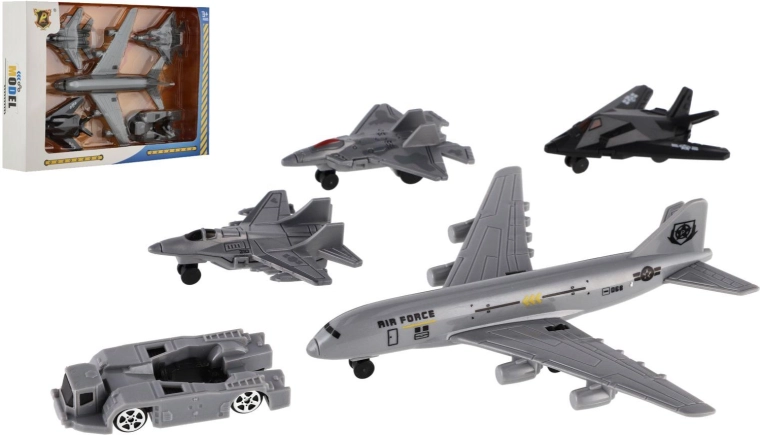 Set van militaire vliegtuigen en voertuigen 5 stuks kunststof met vrije loop in doos 23 × 15,5 × 4 cm