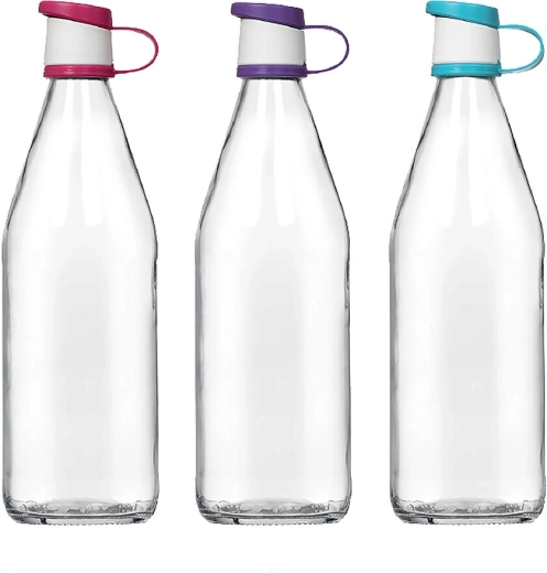 Glazen fles 1 l met kunststof dop, mix van kleuren