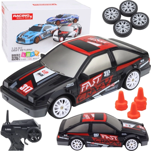RC-driftauto 1:24 met verwisselbare wielen, zwart