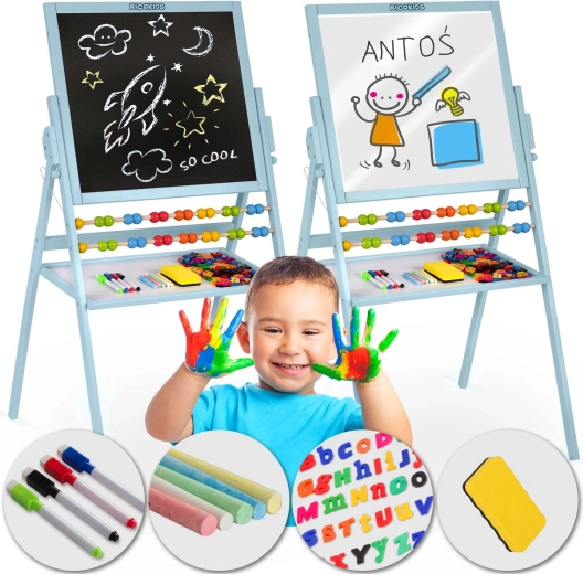 Magnetisch draaibaar krijt- en whiteboard RICOKIDS – blauw