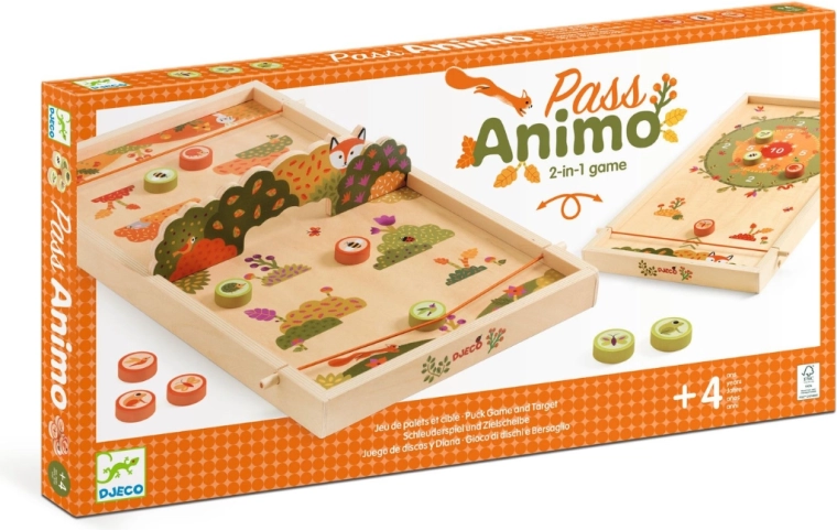 Djeco gezelschapsspel Pass Animo – dubbelzijdige houten flipper en fiches vangen