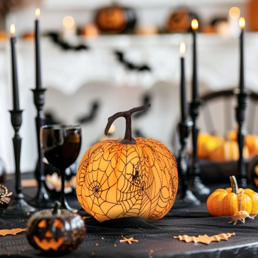 Halloween-decoratiepompoen met spinnenweb 16,5 cm