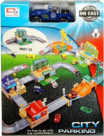 Stadsparkeerplaats met metalen autootje en accessoires