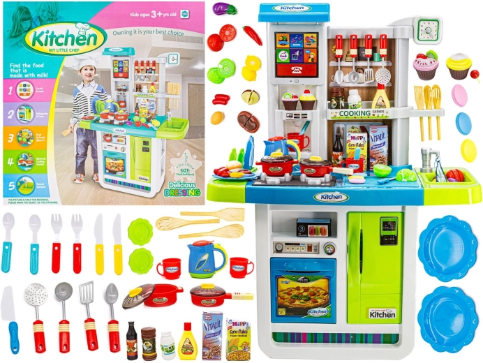 Multifunctionele kinderkeuken met gasfornuis en touchpaneel blauw-groen