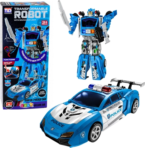 Politie-robot 2-in-1 met sportieve politieauto, licht, geluid en projectielschieter – 29 onderdelen
