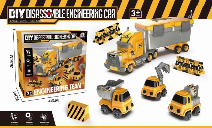 Vrachtcontainer-trekker met bouwvoertuigen