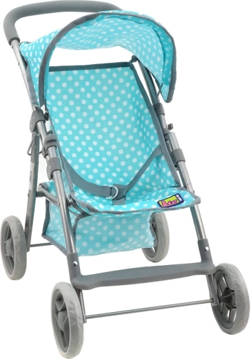 Poppenbuggy in mintkleur met stippen en mandje
