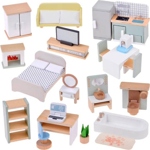 Houten meubels voor een poppenhuis – 28 delen (keuken, woonkamer, slaapkamer, badkamer, werkkamer)