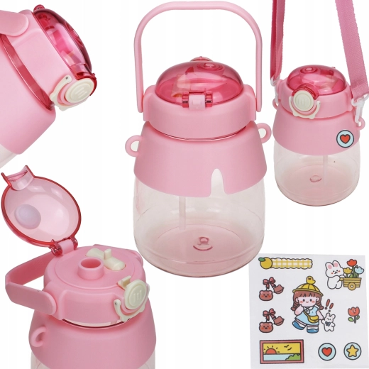 Kinderwaterfles met rietje en draagriem 1 l – roze