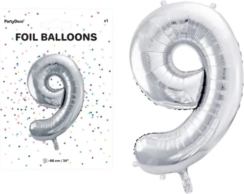 Folieballon nummer 9 zilverkleurig 86 cm