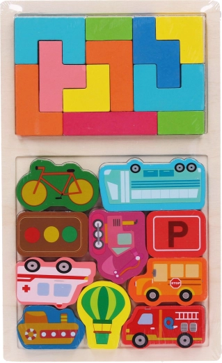 Houten inlegpuzzel met vormen en voertuigen