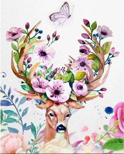 Diamantschilderen – hert met bloemengewei 30 × 40 cm