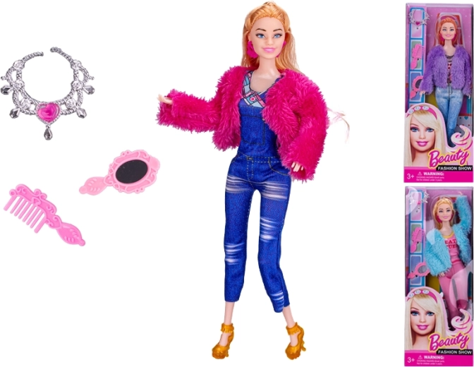 Pop met bontjasje 29 cm met accessoires