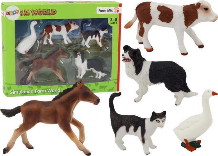 Set figuurtjes van huis- en boerderijdieren (5 stuks) – paard, koe, kat, gans, hond