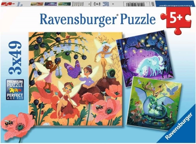 Ravensburger puzzel feeën, draak en eenhoorn – 3×49 stukjes