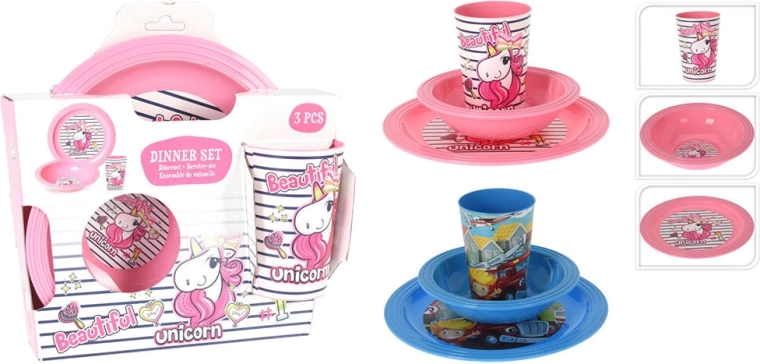 3-delige kinder-eetset van kunststof – mix van kleuren en motieven
