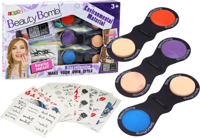 Schoonheidsset met tijdelijke tatoeages en gekleurde haarschaduwen