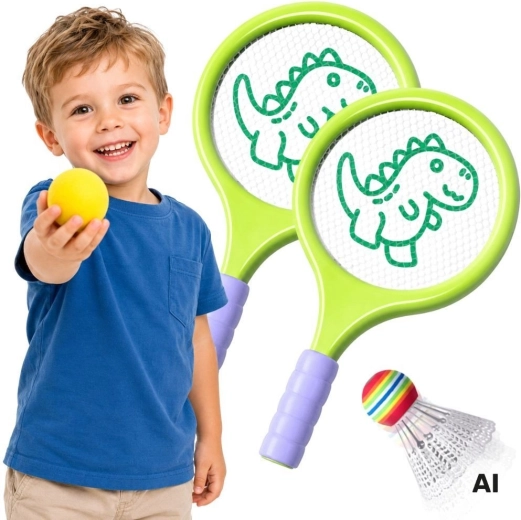 Woopie badmintonset met rackets, schuimbal en dinosaurusring