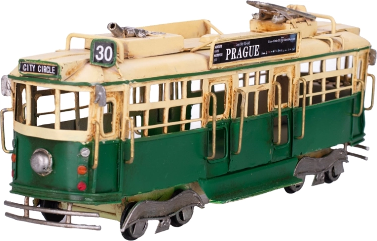 Metalen model van een tram Praag – groene vintage decoratie met vrije loop