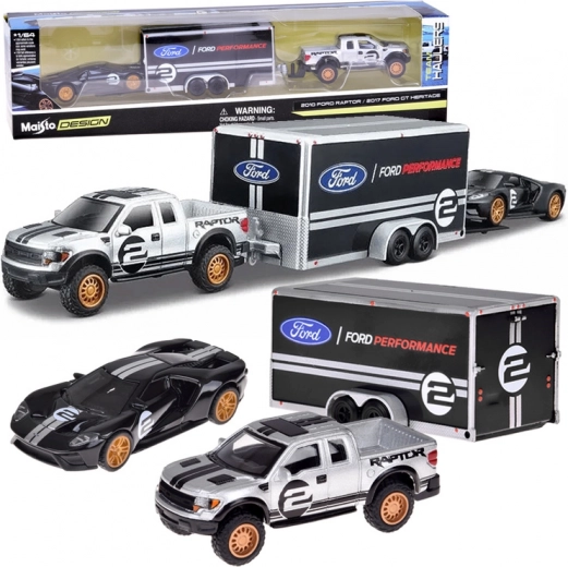 Maisto metalen set 1:64 – FORD Raptor met aanhanger en FORD GT Heritage