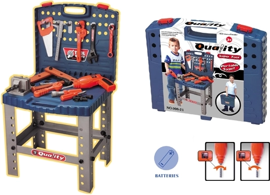 Kinderkoffer-werkbank met gereedschap en elektrische boormachine