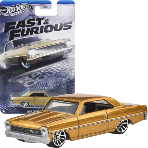 Hot Wheels Fast & Furious 1966 Chevy Nova gouden autootje 1:64, 7,5 cm