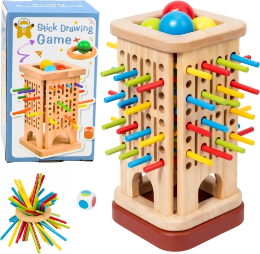 Houten behendigheidsspel toren met stokjes en knikkers, 37 stuks