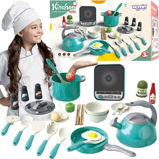 Woopie kinderkeuken met inductie – potten, pan en waterkoker, 30 onderdelen, groen