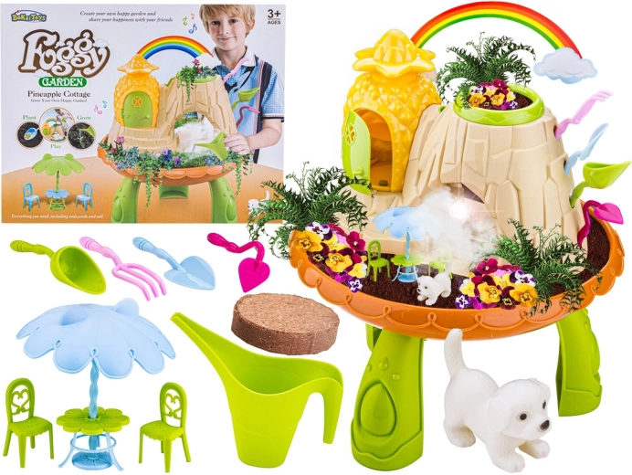 Set voor de kleine tuinier met huisje en mistfunctie om plantjes te kweken