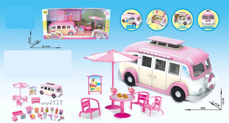 Roze uitklapbare caravan met ijssalon en uitgebreide accessoires