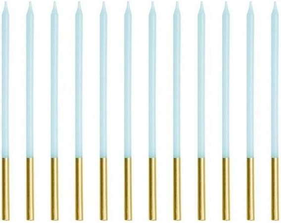 Lange verjaardagstaars lichtblauw met gouden afwerking 14 cm - 1 stuk