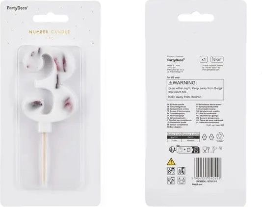 Verjaardagskaars nummer 3, wit, 8 cm