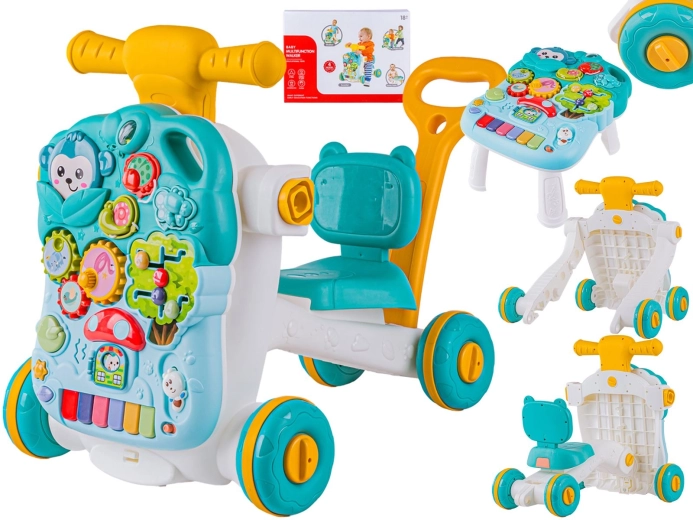 Multifunctionele interactieve loopwagen en ride-on 4-in-1 met educatieve speeltafel, blauw