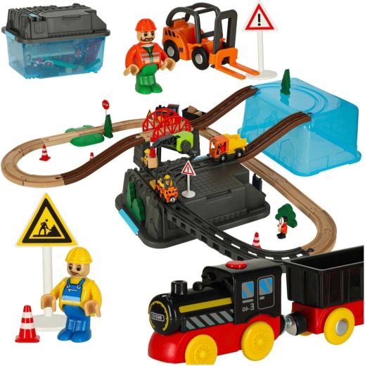 Houten bouw-treinbaan 55 delen met locomotief en accessoires