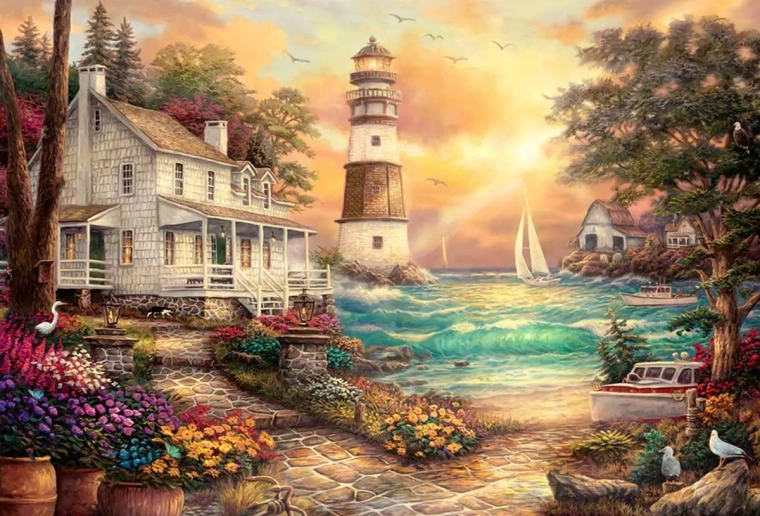 Diamant schilderen Vuurtoren bij de zee 30x40cm