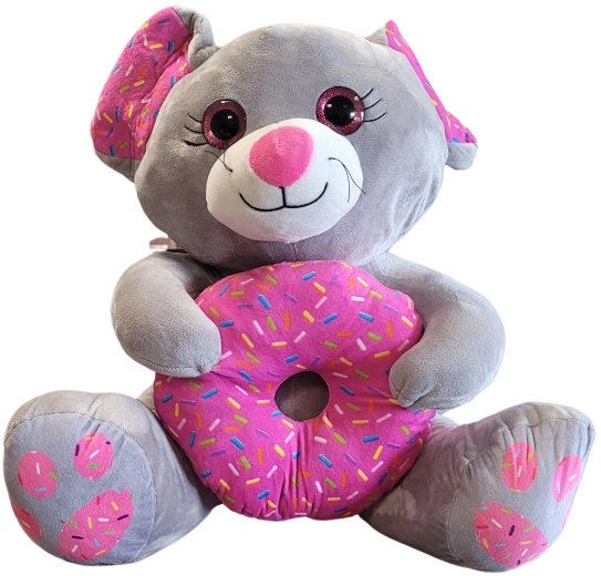 Pluche grijze muis met donut 45 cm