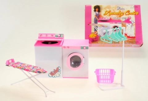 Glorie was-set voor poppen met wasmachine, droger en strijkplank