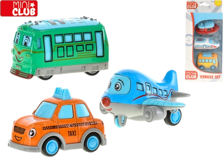 Mini Club set vrolijke voertuigen 7 cm – metalen pull-back autootjes, 3 stuks