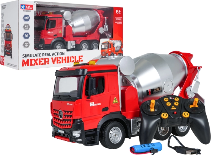 Rode RC-betonmixer met licht en geluid