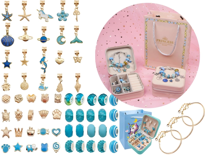 Set voor het maken van sieraden en armbanden met hangers en kralen – blauwtinten