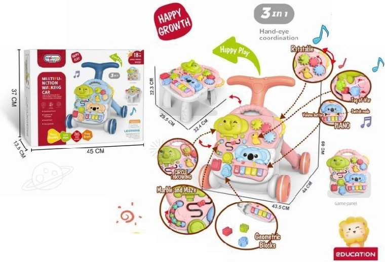 Loopwagen duw- en leer-tafel 3-in-1