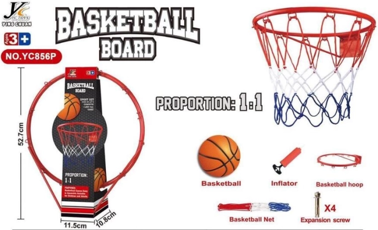 Metalen basketbalring 1:1 met net, bal en pomp